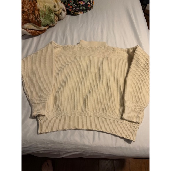 Vintage Eddie Bauer Mens L Cream Ribbed Cotton Henley Sweater Mock Neck 11780 - Picture 5 of 5